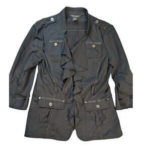 White House Black Market Black Ruffle Military Blazer Women's 6 No Belt
